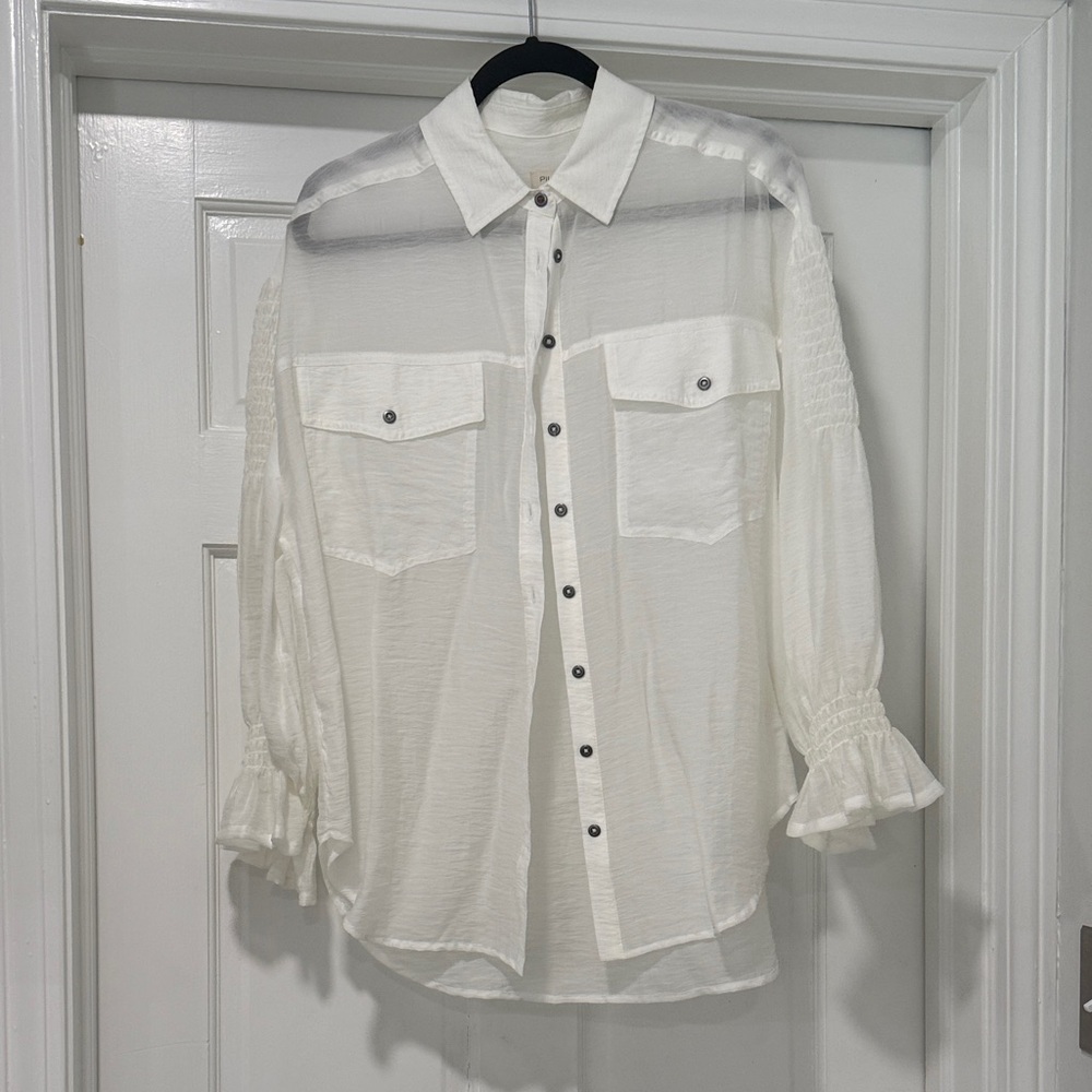 Pilcro Anthropologie Women’s White Casual Button-Down Shirt with flutter sleeves